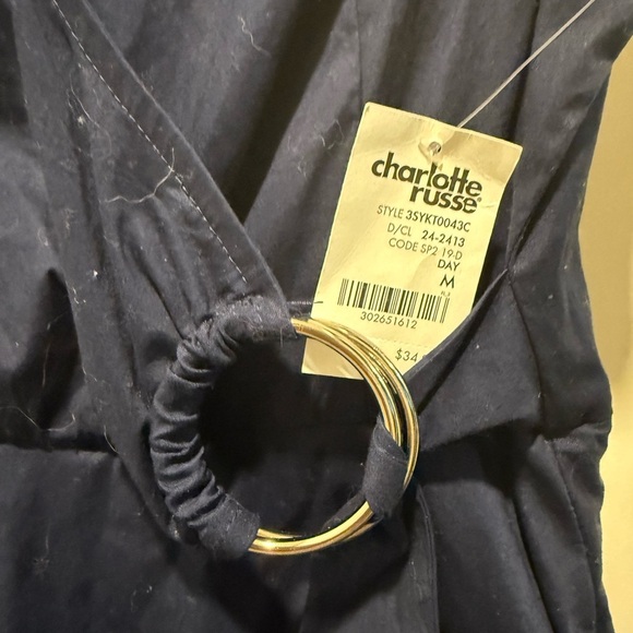 NWT Charlotte Russe Navy Blue Mini Dress. Attached belt size med. flare bottom - Picture 2 of 5